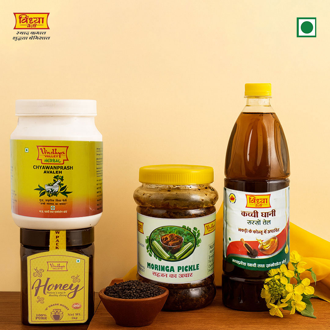 विंध्या वैली नेचुरल हेल्थ कॉम्बो – शहद, च्यवनप्राश, मोरिंगा अचार और कच्ची घानी सरसों का तेल