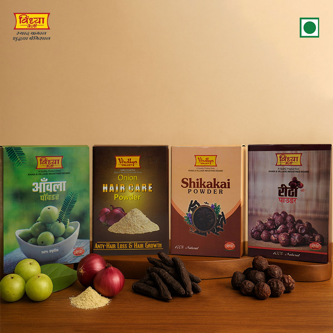 विंध्या वैली हर्बल हेयर केयर कॉम्बो – आंवला, रीठा, शिकाकाई और प्याज पाउडर (प्राकृतिक आयुर्वेदिक हेयर केयर पैक)