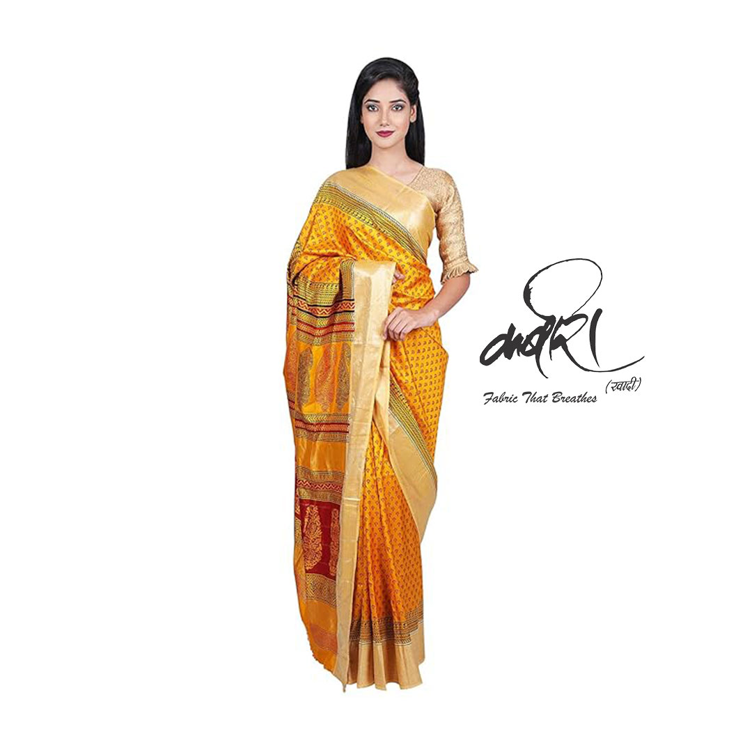 हैंडक्राफ़्टेड बाघ प्रिंट खादी सिल्क साड़ी – परंपरा और शान का संगम