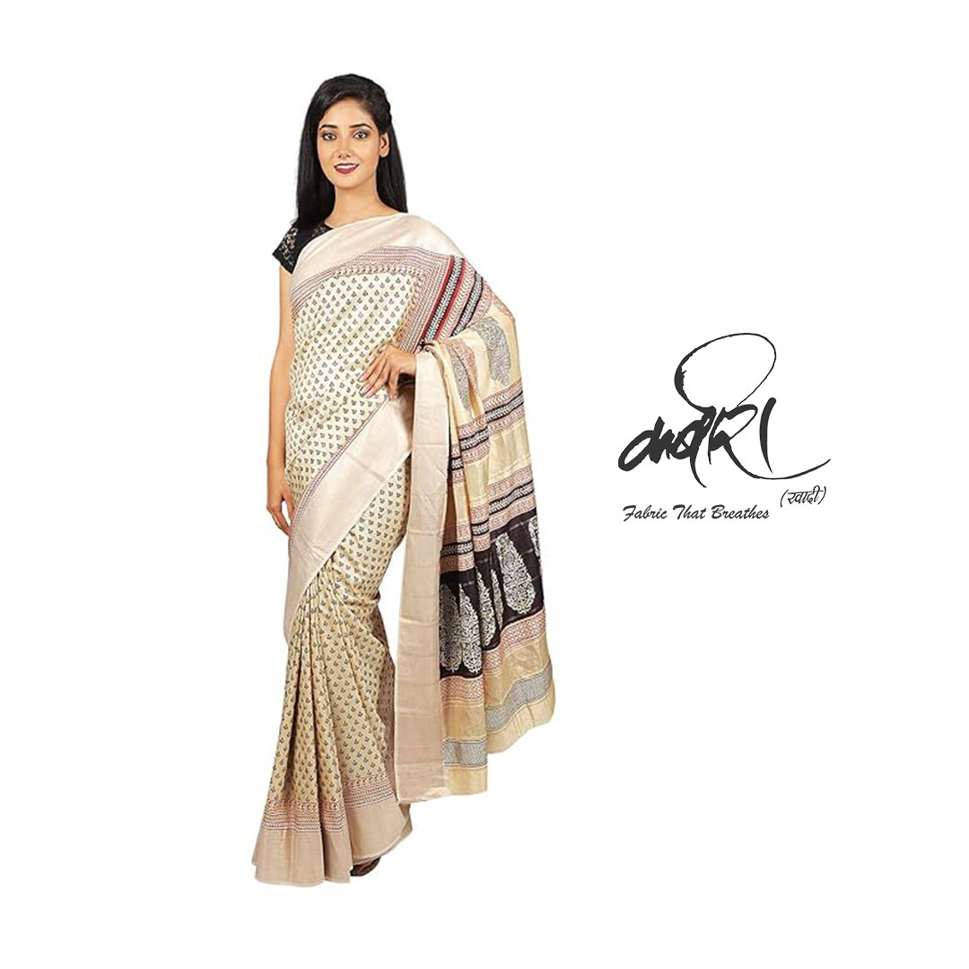 कबीरा खादी सिल्क साड़ी – हेरिटेज बाघ प्रिंट