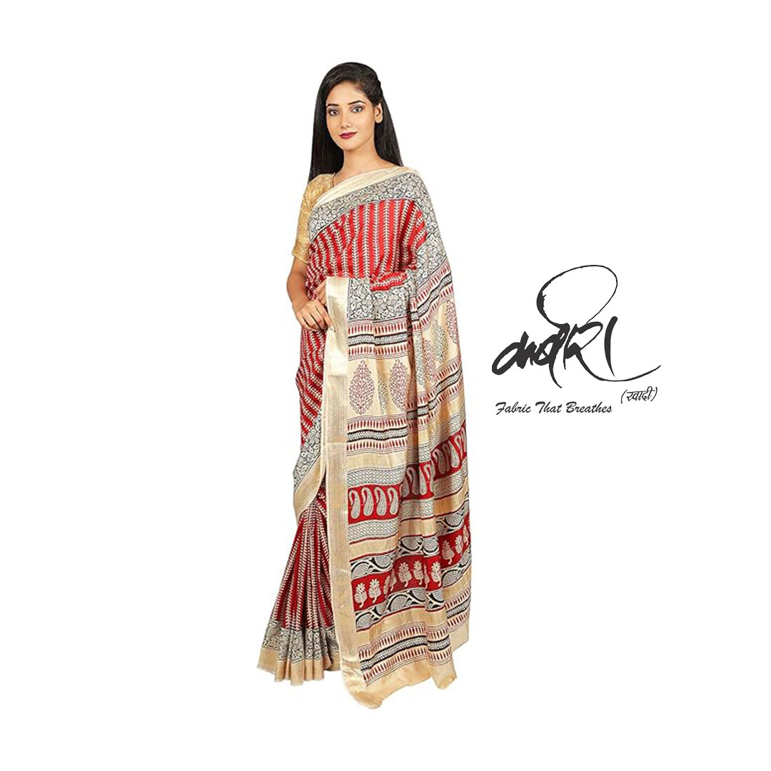 खादी सिल्क साड़ी – ऑथेंटिक बाघ प्रिंट के साथ