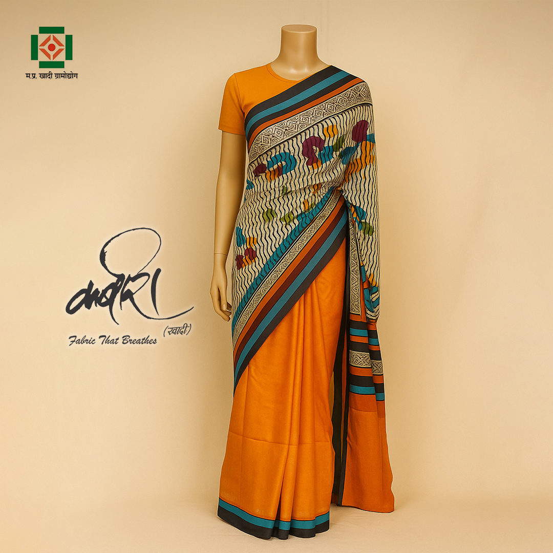 कबीरा खादी डिजाइनर ब्लॉक प्रिंट साड़ी – रंगों और परंपरा का स्टाइलिश संगम