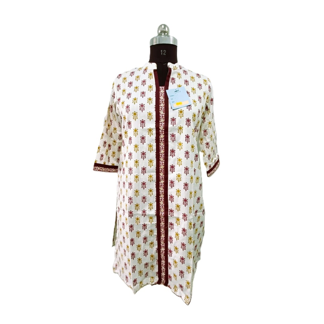 स्क्रीन प्रिंट महिला मांडरिन कॉलर लॉन्ग कुर्ता